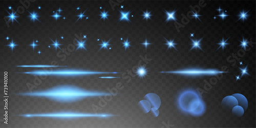 Set of realistic vector blue stars png. Set of vector suns png. Blue flares with highlights.	 photo