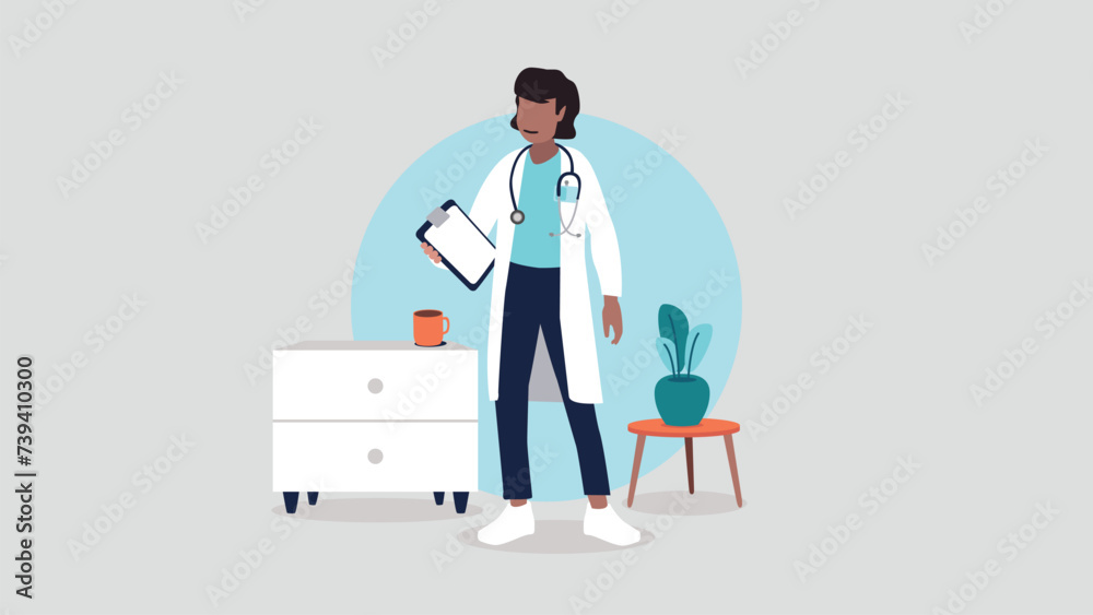 Vektorillustration einer Ärztin mit Stethoskop in ihrer Praxis – Gesundheitskonzept Vektorillustration einer Ärztin mit Stethoskop in ihrer Praxis – Gesundheitskonzept