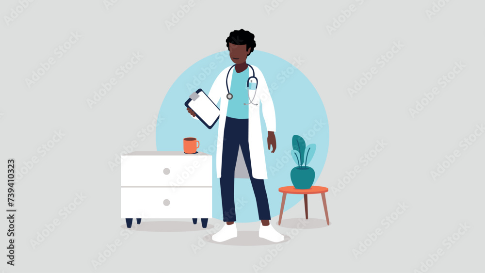 Vektorillustration einer Ärztin mit Stethoskop in ihrer Praxis – Gesundheitskonzept Vektorillustration einer Ärztin mit Stethoskop in ihrer Praxis – Gesundheitskonzept
