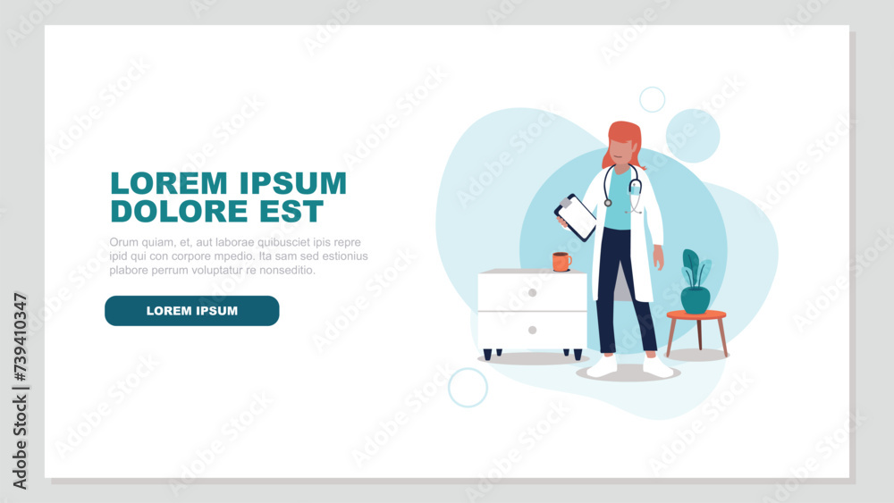 Vektorillustration einer Ärztin mit Stethoskop in ihrer Praxis – Gesundheitskonzept Vektorillustration einer Ärztin mit Stethoskop in ihrer Praxis – Gesundheitskonzept