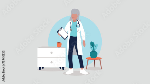 Vektorillustration einer Ärztin mit Stethoskop in ihrer Praxis – Gesundheitskonzept