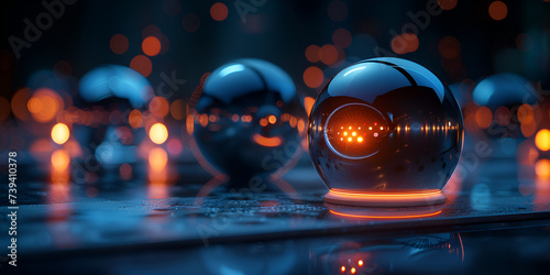 A series of glass spheres with the word marble on the bottom Abstract background with bokeh defocused lights and glass balls Ai Generative