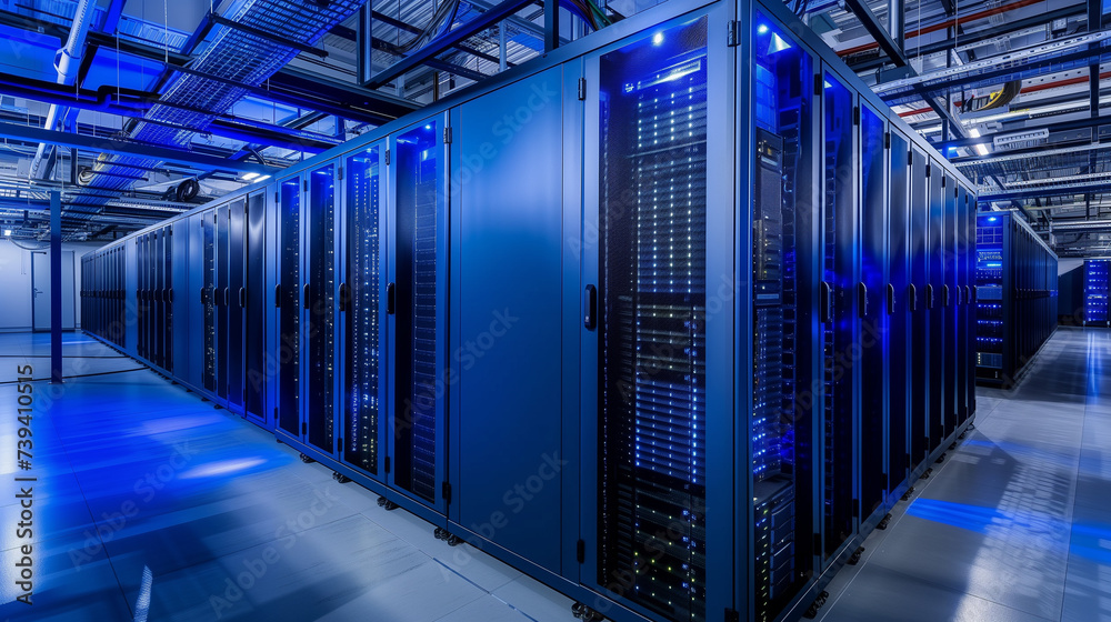 Naklejka premium Futuristic Data Center with Rows of Blue Illuminated Server Racks.