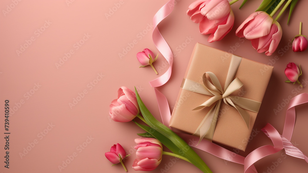 Elegant Mother's Day Concept with Tulips and Gift on Pastel Background. Elegant Mother's Day Concept with Tulips and Gift on Pastel Background.