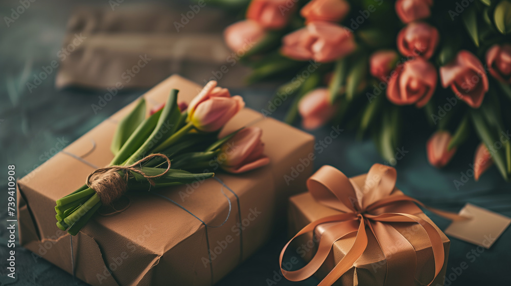 Elegant Gift Presentation with Tulips and Craft Paper on Moody Background. Elegant Gift Presentation with Tulips and Craft Paper on Moody Background.