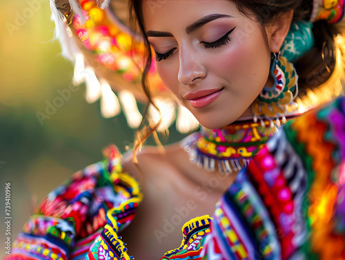 Close-up portrait of a Mexican young woman in traditional clothing with a sambrero on her head photo