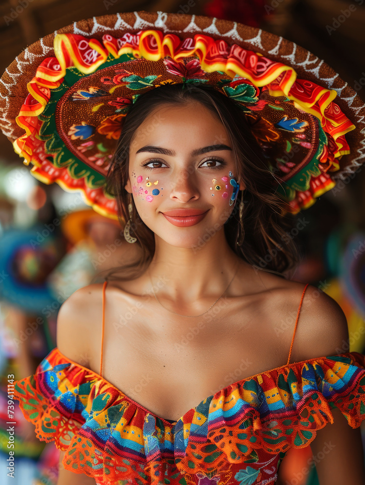 Close-up portrait of a Mexican young woman in traditional clothing with a sombrero on her head