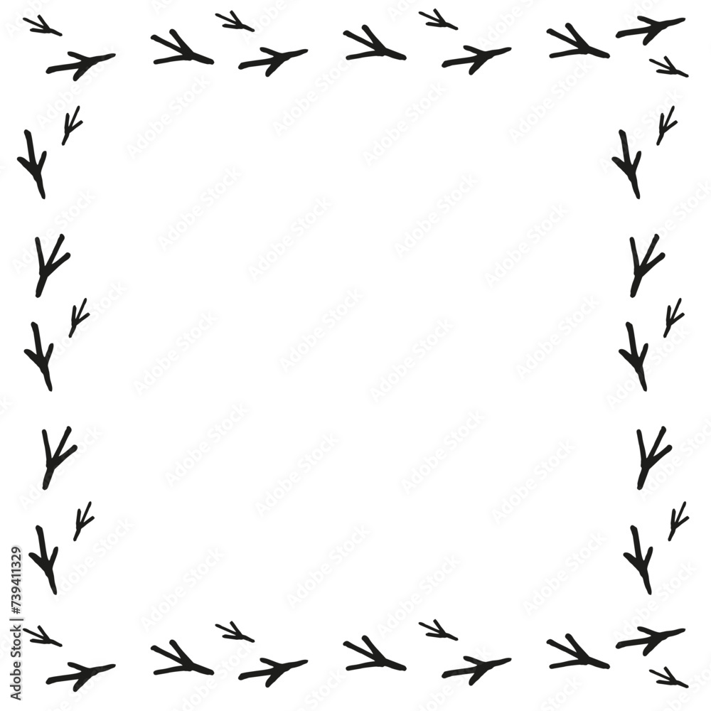 hand drawn vector illustration of bird tracks, frame for your design, inked silhouette of paw prints of flying animal isolated, white background hand drawn vector illustration of bird tracks, frame for your design, inked silhouette of paw prints of flying animal isolated, white background