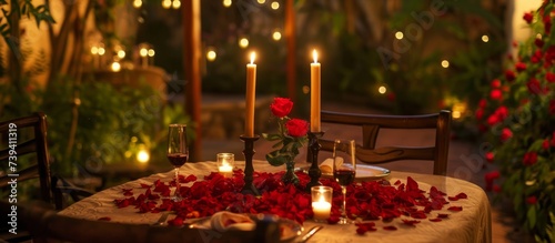 Elegant table setting with romantic candles and beautiful flowers for exquisite dinner party celebration photo