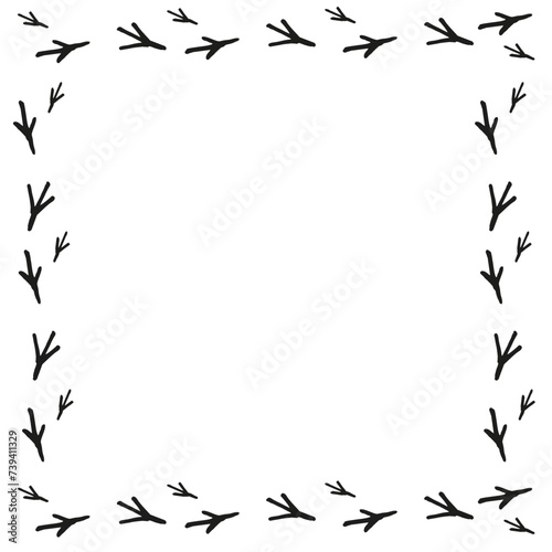 hand drawn vector illustration of bird tracks  frame for your design  inked silhouette of paw prints of flying animal isolated  white background