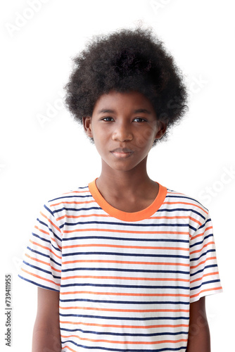 Portrait of joyful African boy with curly hair wearing a T-shirt while standing on white background. Photo of young kid.