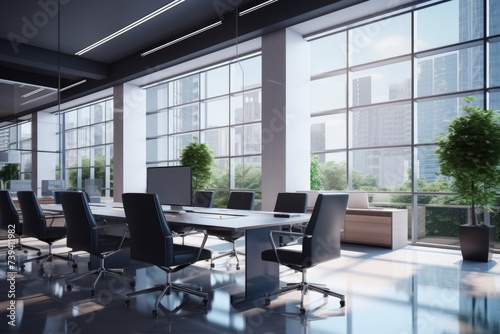 Empty office with wide windows open space interior