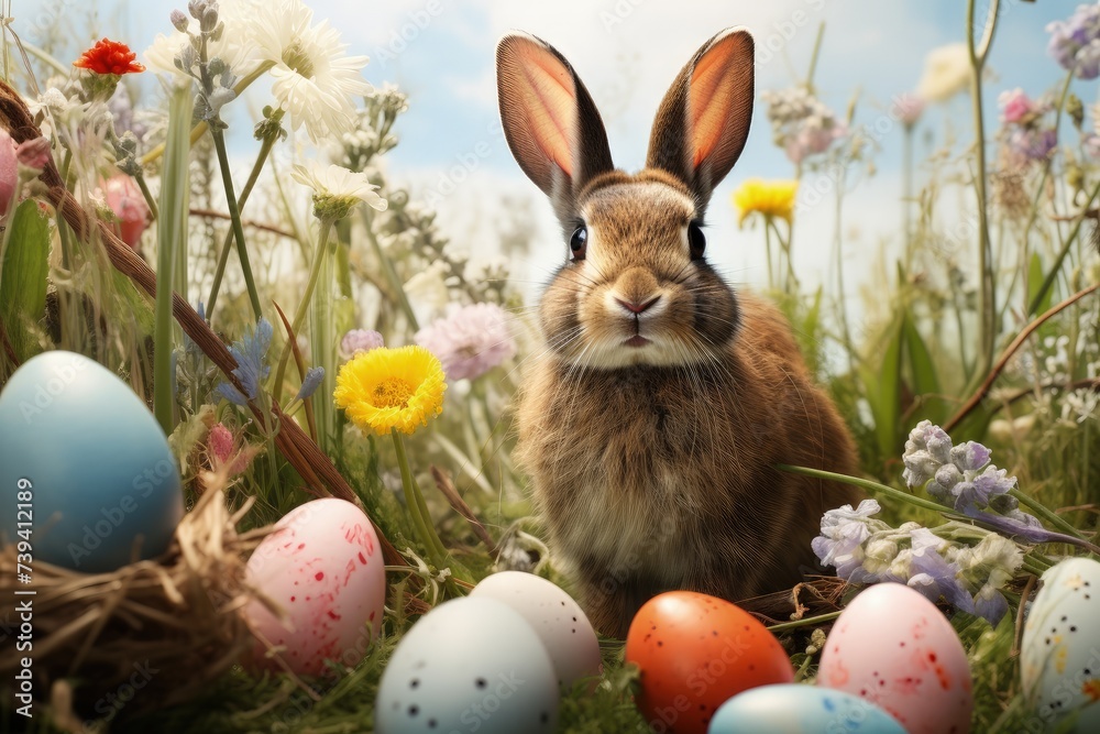 Meadow full of flowers with rabbit and Easter eggs