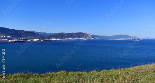 Port of Bilbao seen from Getxo. To the right the Wind Farm. Basque Country. Spain