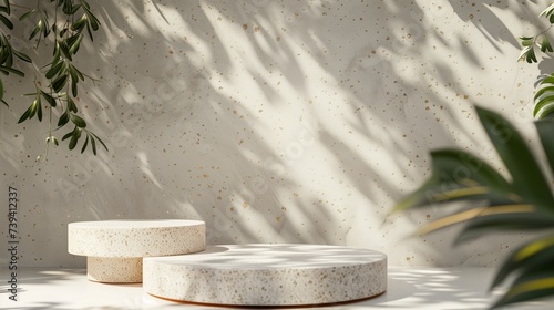 Natural beauty podium backdrop for product display with Terrazzo texture. 3d rendering 