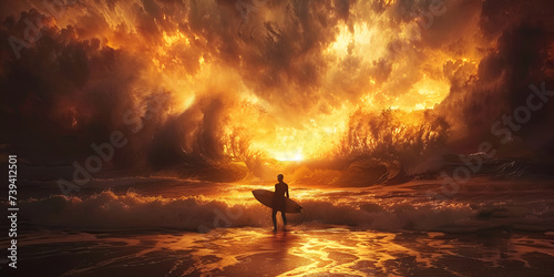 A Journey to Sea of Fire Wallpaper A person stand for riding a surfboard in a wave with a bright orange glow around them Ai Generative