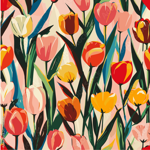 Seamless pattern Vibrant tulips blooming , gracefully, sunlight 