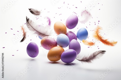 Easter eggs and feathers levitating