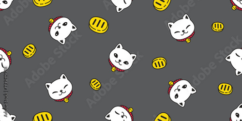 cat seamless pattern lucky cat manekineko vector kitten face calico gold coin munchkin neko pet cartoon doodle tile background gift wrapping paper illustration repeat wallpaper isolated design