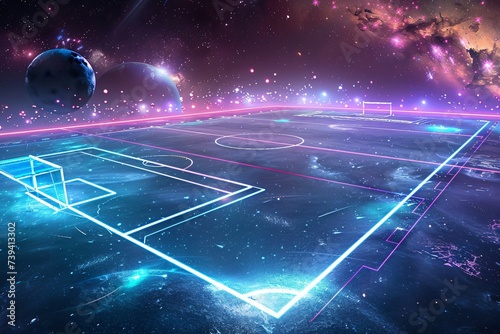 Football match set in the galaxy with planets as stadiums and stars lighting the field photo