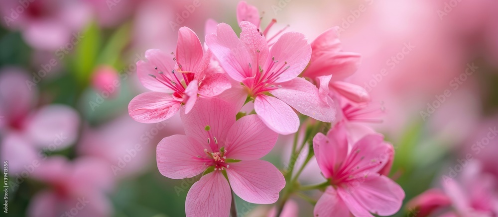 Beautiful pink flowers surrounded by lush green leaves in a garden Beautiful pink flowers surrounded by lush green leaves in a garden