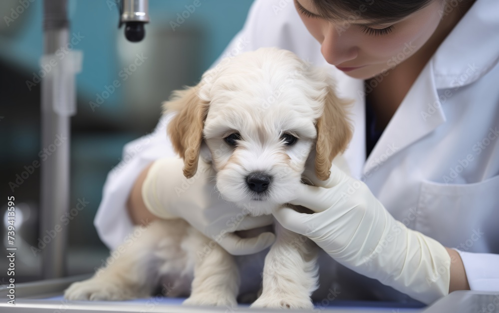 young doctor veterinarian examining a puppy young doctor veterinarian examining a puppy