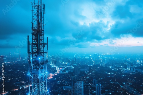 Futuristic blue technology tower a beacon of progress amidst the urban landscape