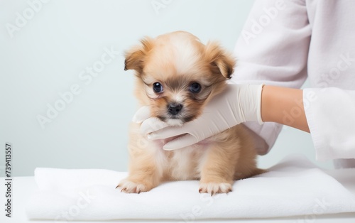 young doctor veterinarian examining a puppy 