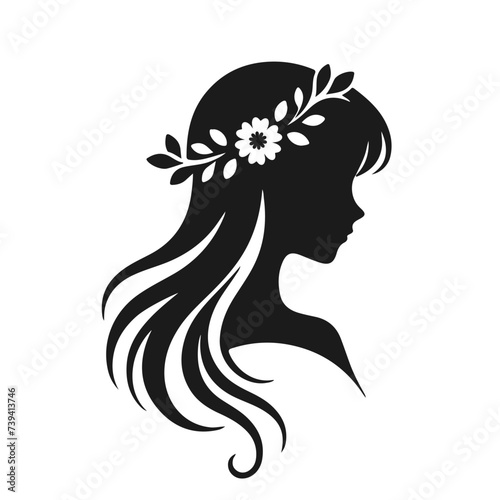 Silhouette of a girl in profile with flowers on her head.