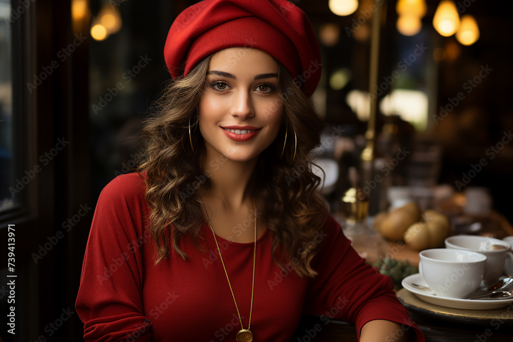 Picture generative ai concept of adorable lovely woman spending time in cozy cafe
