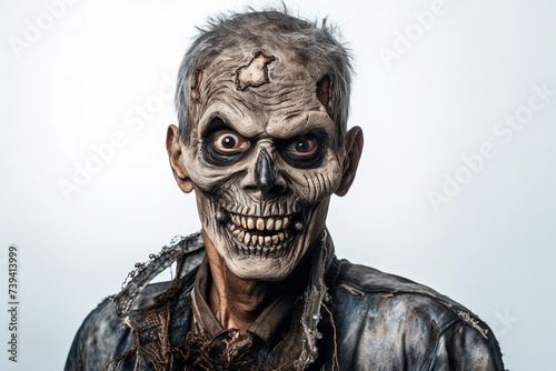 Generative ai picture of halloween fantasy man creepy personage with spooky makeup isolated on white background photo