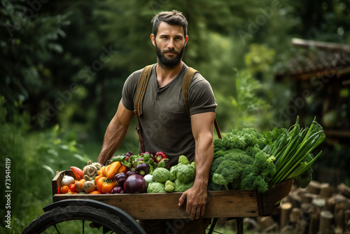 Generative AI technology picture of farmer person picking fresh harvest Earth day holiday nature protection