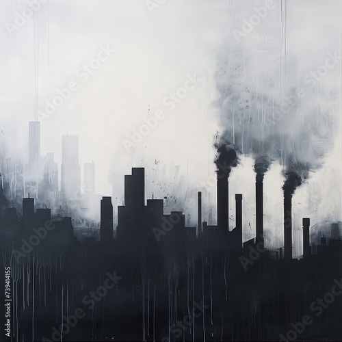 A minimalist painting capturing the consequences of air pollution on urban environments