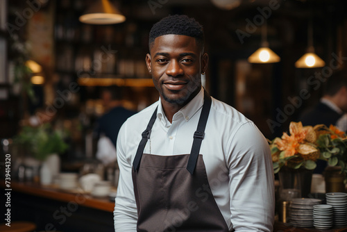 Created with generative AI technology image of cheerful nice man spending free time in cozy cafe