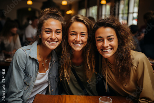 Image made with generative ai of happy people enjoying weekend in cozy cafe restaurant photo