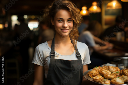 Image made with generative ai of lovely happy woman relax rest cozy autumn day in cafe