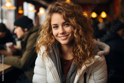 Image made with generative ai of lovely happy woman relax rest cozy autumn day in cafe