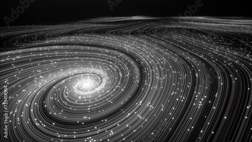 Flat topographic map of the universe, swirly lines create a path for glowing particles flying towards the center of gravity. photo