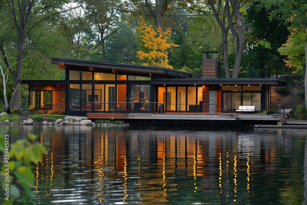 Eco friendly prefab house on a serene lakeside showcasing sustainable design