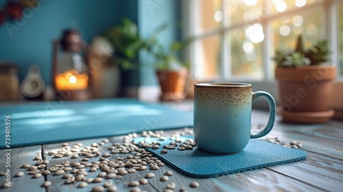 The quiet calm of early morning routines, a close-up of a steaming cup of coffee next to a yoga mat awaiting the day's first stretch