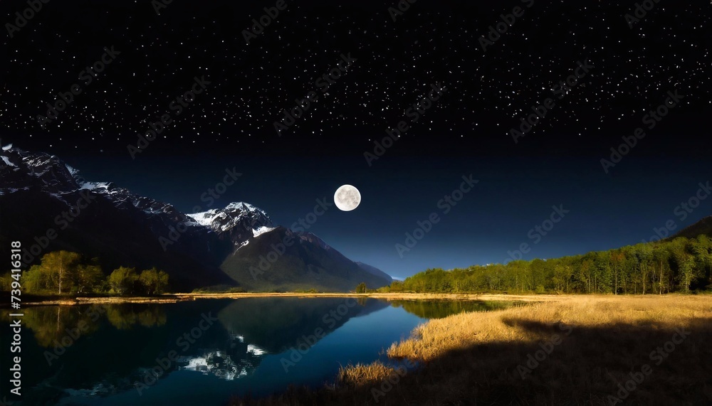 Fototapeta premium Mountain lake in the mountains at night with moon and stars.
