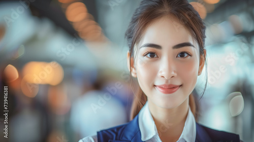 Portrait of a young asian female flight attendant or stewardess on blurred background of airport. photo