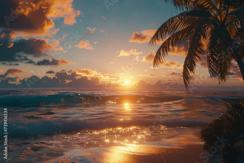 At sunset  a tropical island beach transforms into a breathtaking and idyllic scene  captivating with its beauty and tranquility