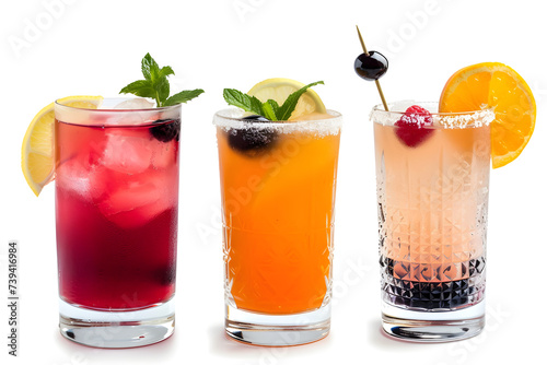 copy space. isolated. white background. cocktails on a bar counter. beverage, non-alcoholic, alcoholic. Colorful cocktails. Slice of lemon or lime. Fruit juice. Cocktail. Straw