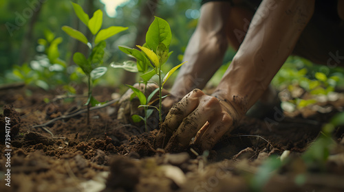 A team of volunteers planting saplings in a deforested area their hands covered in soil as they work to restore the lost forest. photo