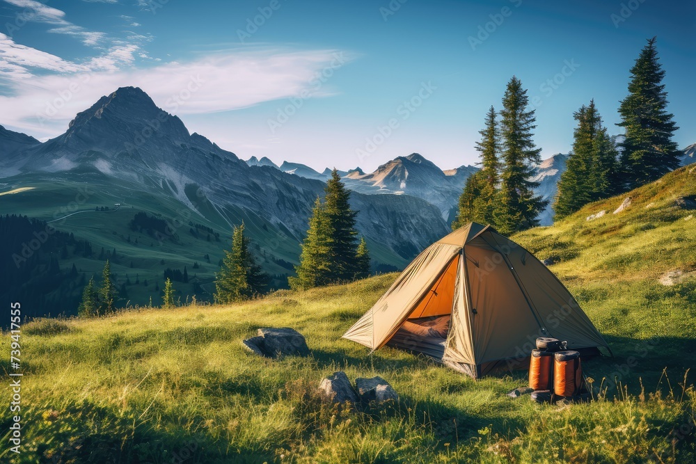 Travel trip. Camping in the mountains. Beautiful summer landscape in the mountains. Active lifestyle.