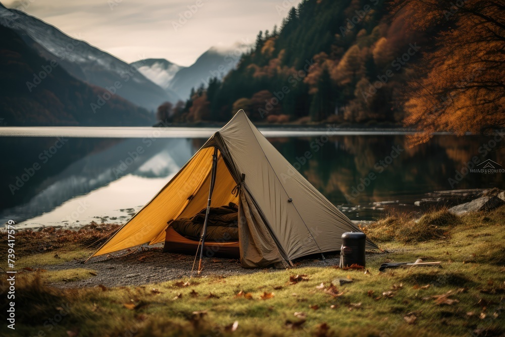 Camping on the shore of a mountain lake. Beautiful autumn landscape. camping, adventure and exploration. Travel trip.  Active lifestyle.