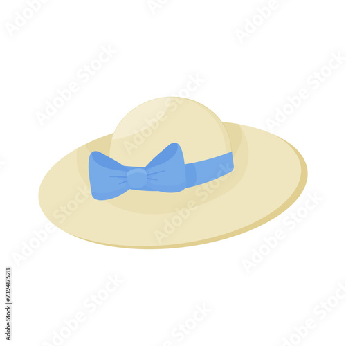 Womens summer hat white with blue bow, top view. Vector illustration on white background