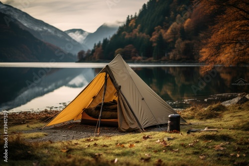 Camping on the shore of a mountain lake. Beautiful autumn landscape. camping, adventure and exploration. Travel trip. Active lifestyle.