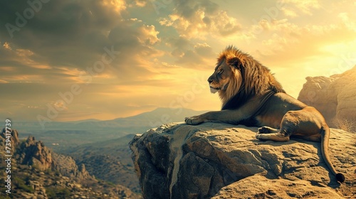 On a majestic, sun-drenched rocky outcrop sits a male lion with a full mane. His body is relaxed, and he appears contemplative as he gazes out over the expanse before him. The horizon shows a vast sav